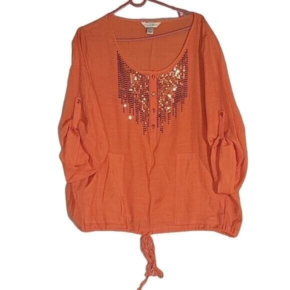 CHRISTOPHER & BANKS Women's 3/4‎ Rolltab Sleeve Sequined oversized  Blouse Top